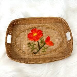 Vintage Woven Straw Wood Tray w Embroidered Needlepoint Floral Accent
